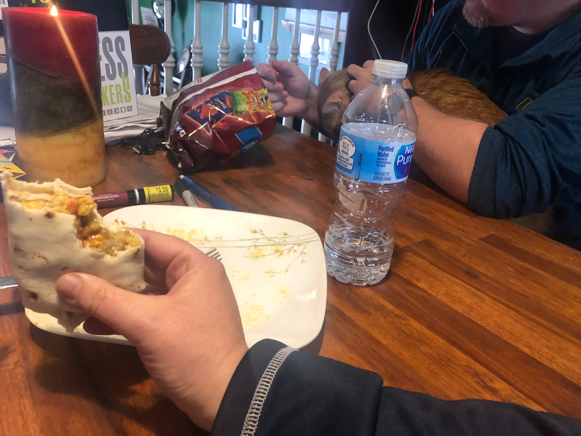 I had leftover breakfast burritos and he had left over hamburger helper for lunch.