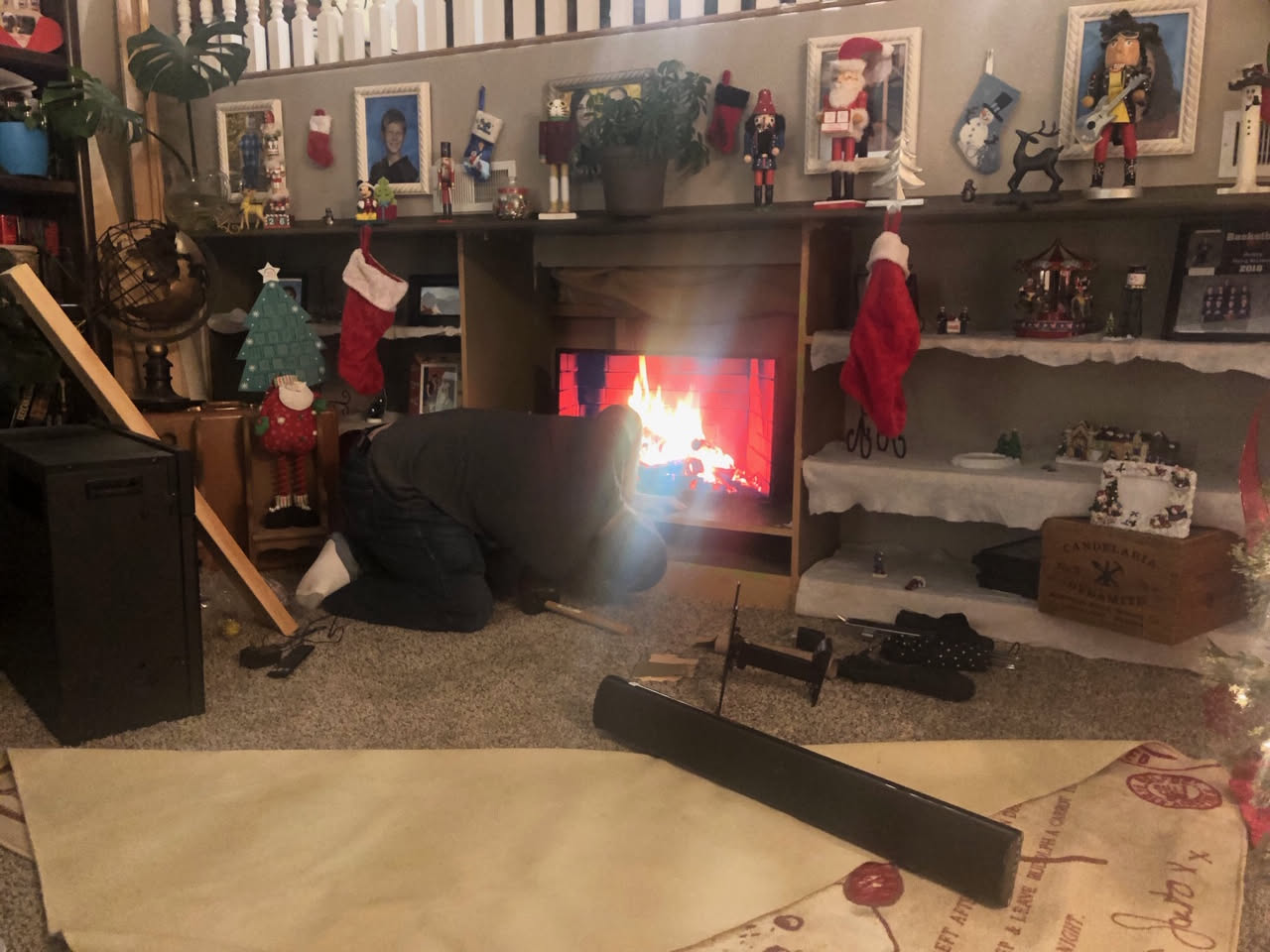 Working on the fake fireplace to get it ready for Christmas.