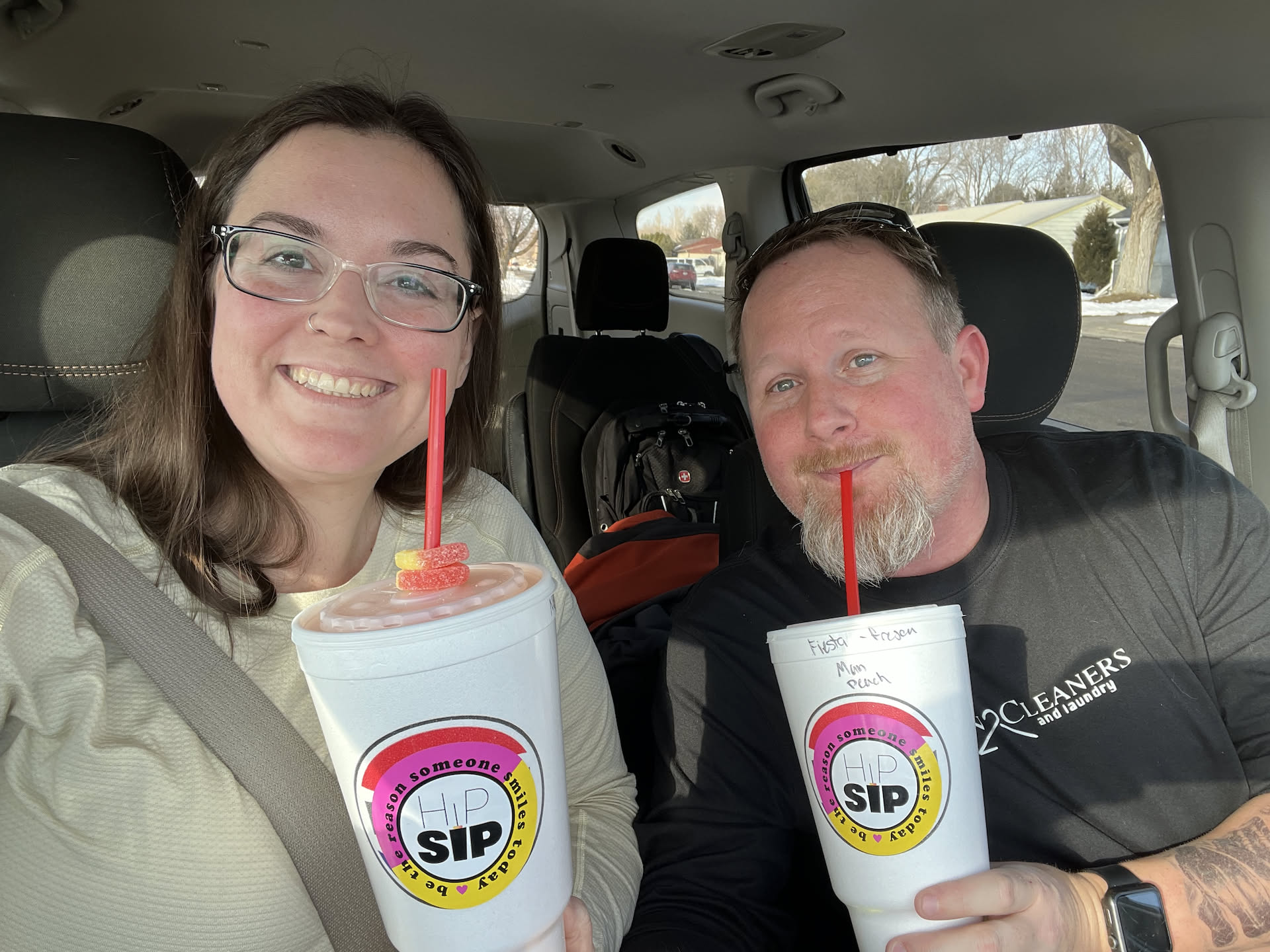 We had a half hour to kill until 4pm when we pick up Ethan… so we are just hanging out in the church parking lot enjoying our Hip Sip drinks.