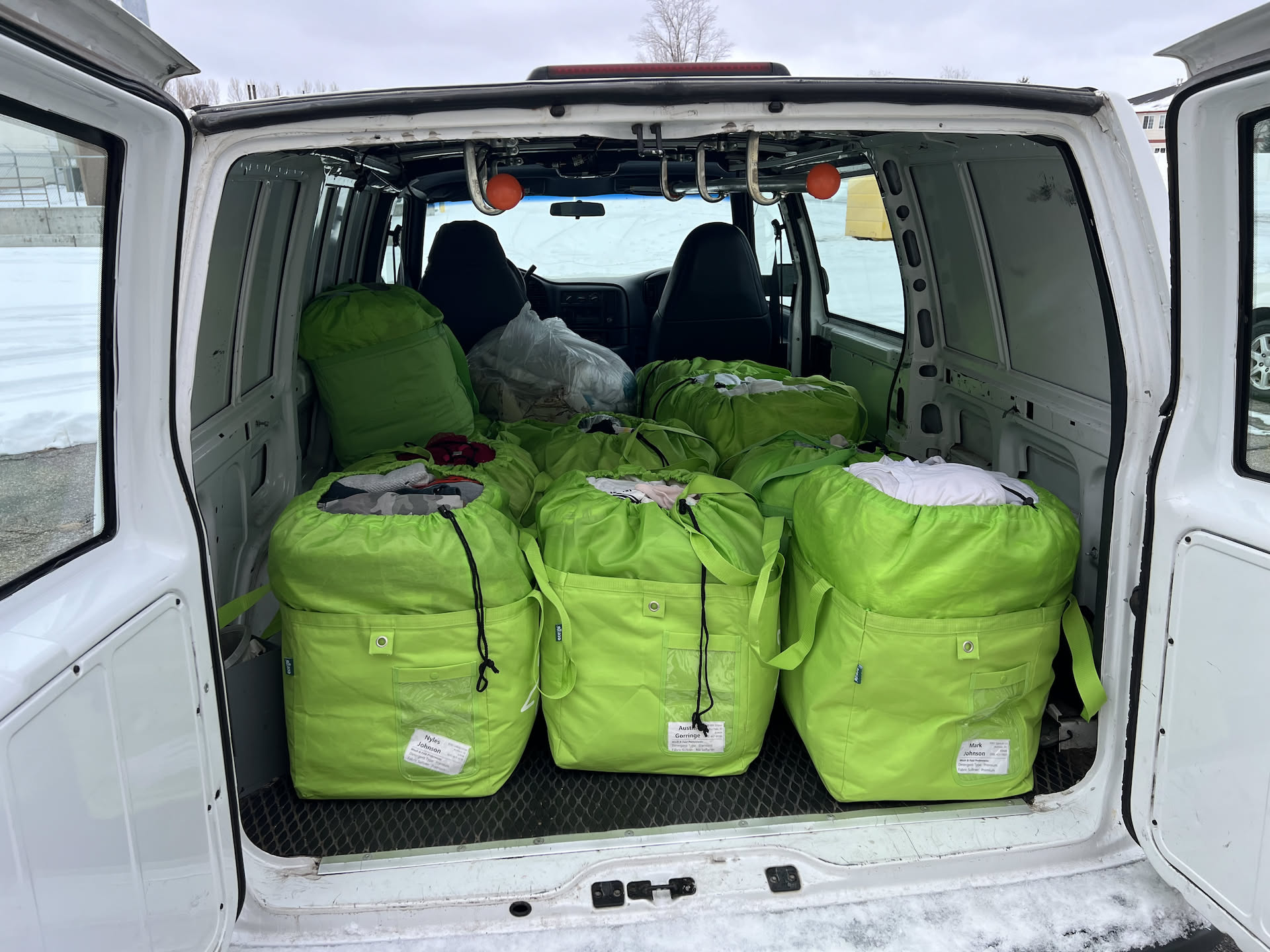 Holy moly… Nick decided to use the big van to deliver today because of how much we had yesterday… and it is full, even had to stack to make them fit.