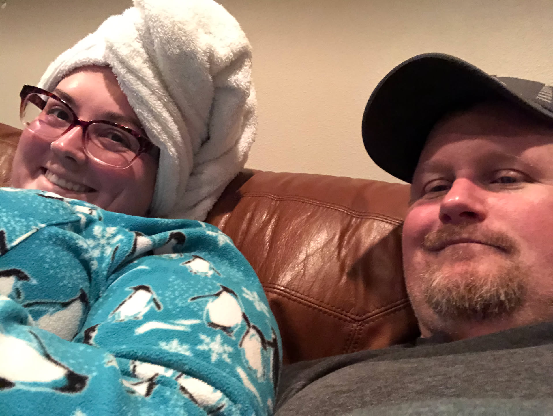 After over doing our workouts, we got a nice shower in, and here we are red faced, resting before picking Airalynn up from performing at a basketball game.