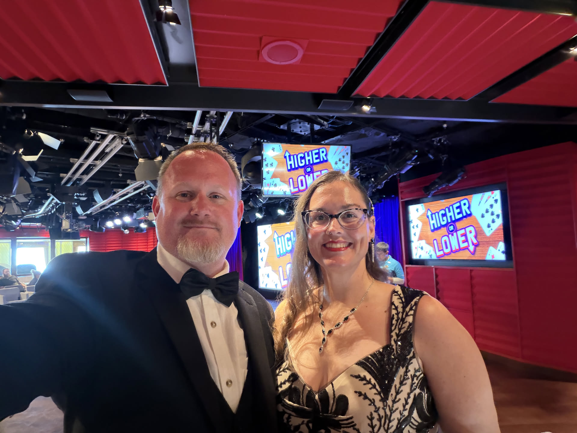 All dressed up, but wanted to do this game show thing, and unfortunately it came before dinner time. We are ready to have a blast